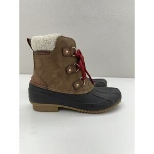 Tommy Hilfiger Womens Duck Boots Size 9 M Brown Faux Fur Lined Red Lace Up